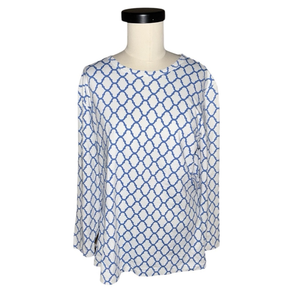 J. McLaughlin Blue and White Patterned Long Sleeve Top